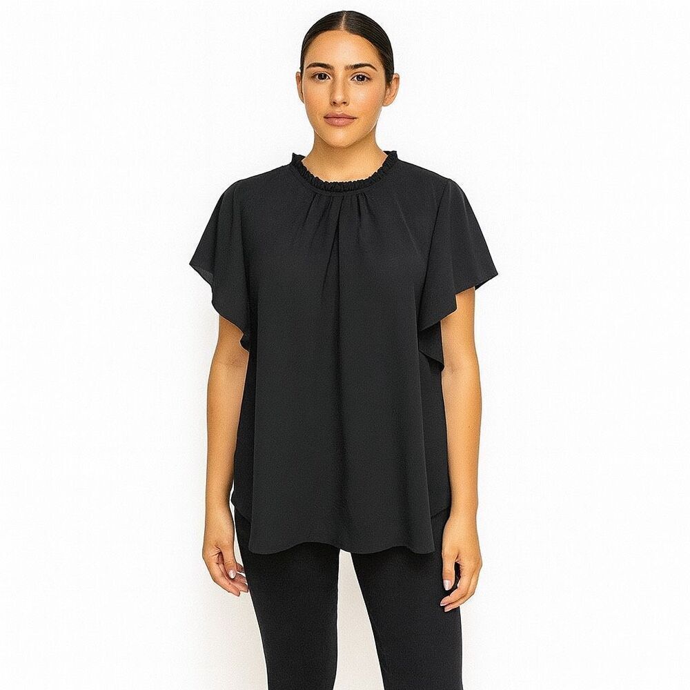 Boohoo Solid Black Short Sleeve round neck open back polyester elastic size 10